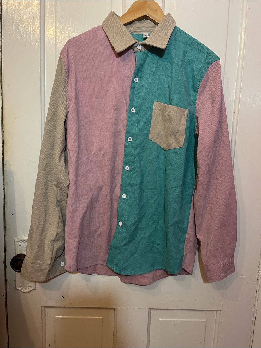 Colorblock Long-Sleeve Button-Up Shirt - Pink, Teal & Tan
